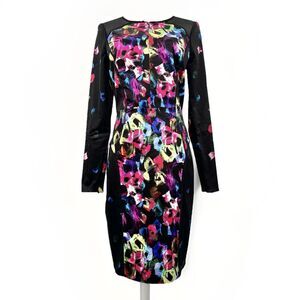 Milly Sheath Dress 8 Long Sleeve Black Colorful Abstract Artsy Bodycon USA Y2K